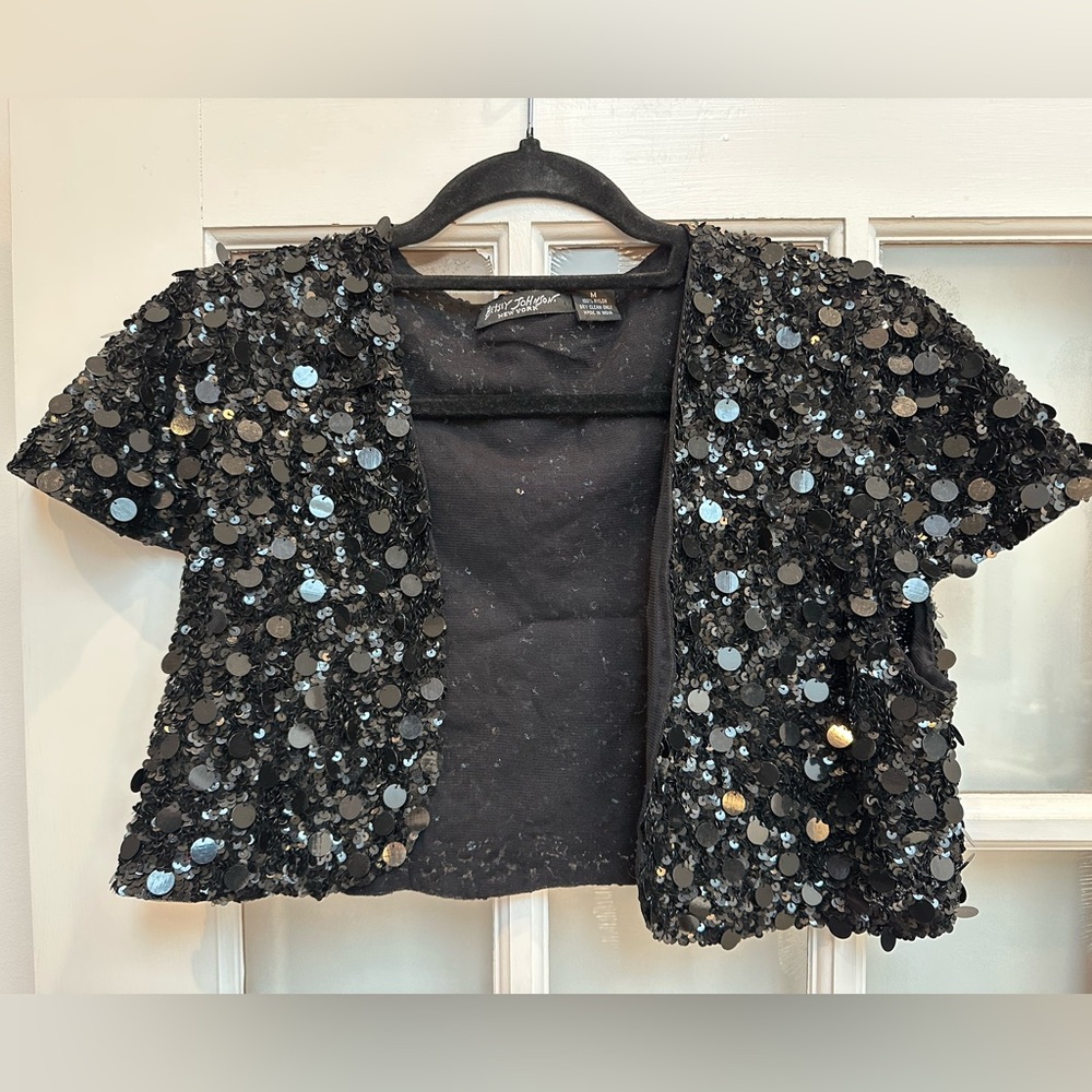 Vintage Betsey Johnson 90’s Sequin Glam Rock Bolero Crop Sweater Jacket Size M